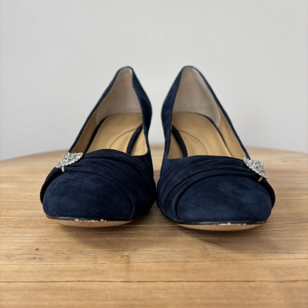 Talbots Navy Suede Leather Pumps Block Heel Size 8.5M Rhinestone Glam Event Chic - Picture 8 of 12